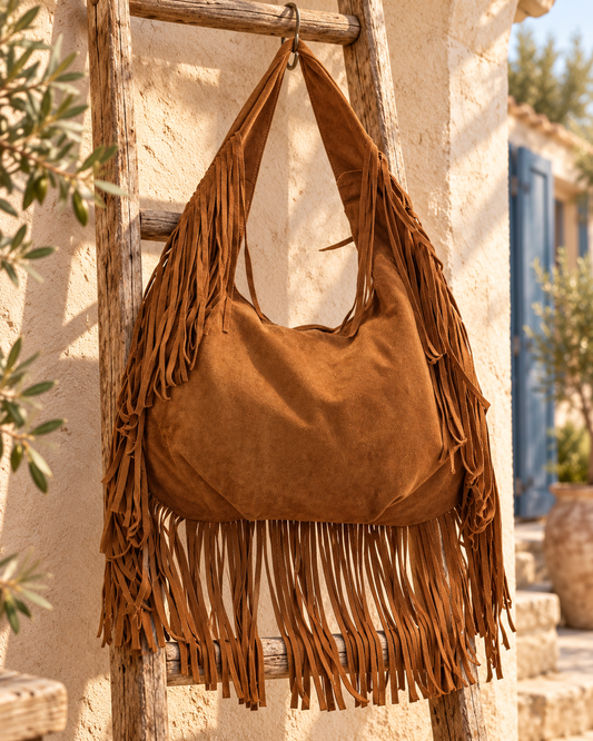 Bolso de hombro de piel con flecos en el asa y la base camel, bodegón en un patio mediterráneo.