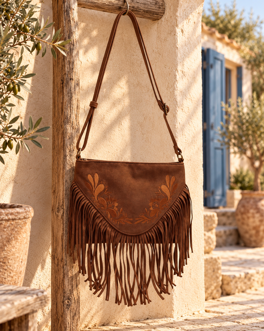 Bandolera de piel con flecos y bordado vegetal marrón, bodegón en un patio mediterráneo.