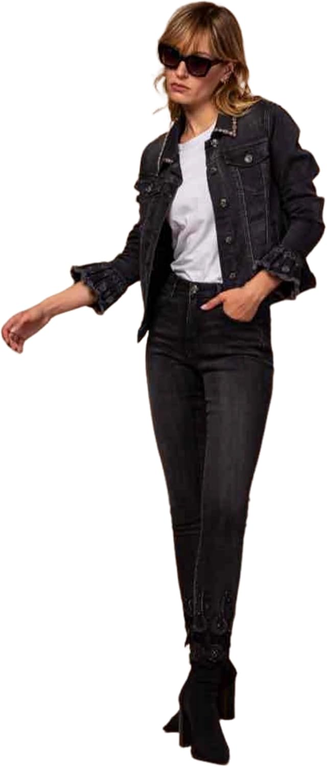 Miro Boho Chic - Barcelona 27 Women's Jacket in Stretch Denim with Lace Appliques and Pearls and Strass Embroidery, Available From S to XXL Women's Double Sided Jacket