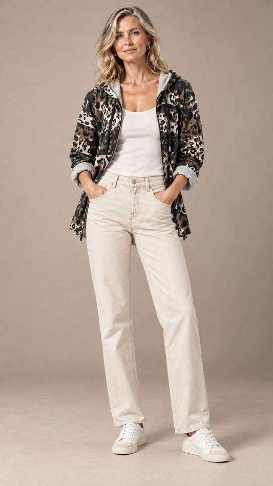 Modelo con chaqueta estampada de camuflaje en tonos caqui, marrón, negro y crema, con capucha y cremallera.