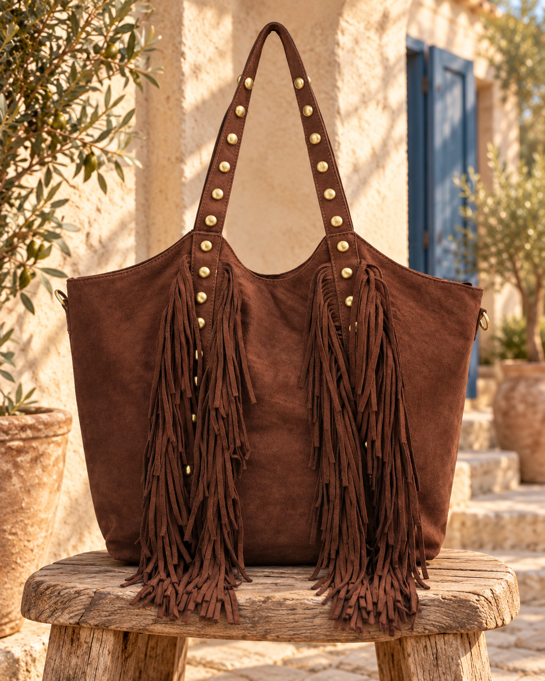 Bolso de hombro de piel con tachas y flecos frontales marrón chocolate, bodegón en un patio mediterráneo.