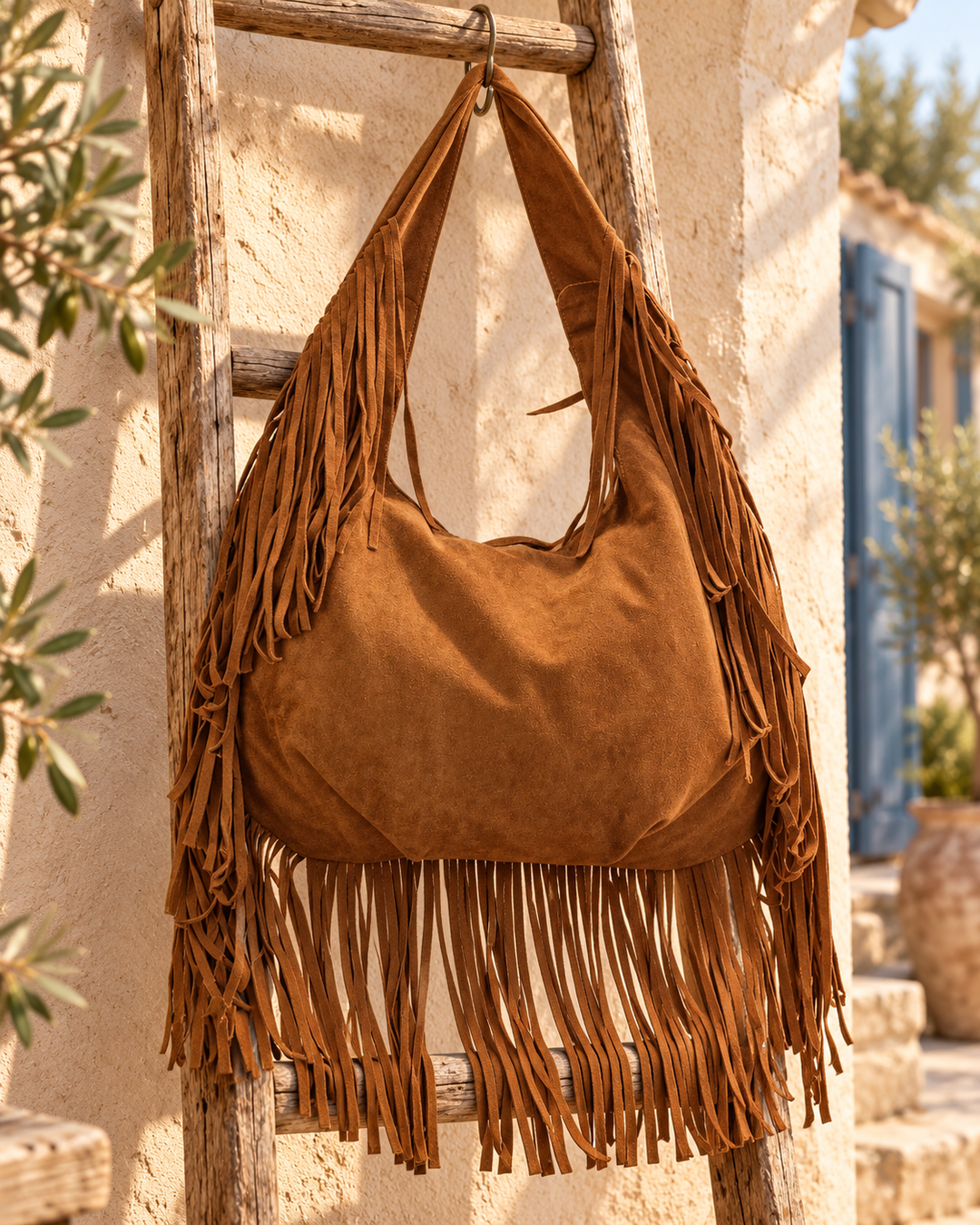 Bolso de hombro de piel con flecos en el asa y la base camel, bodegón en un patio mediterráneo.