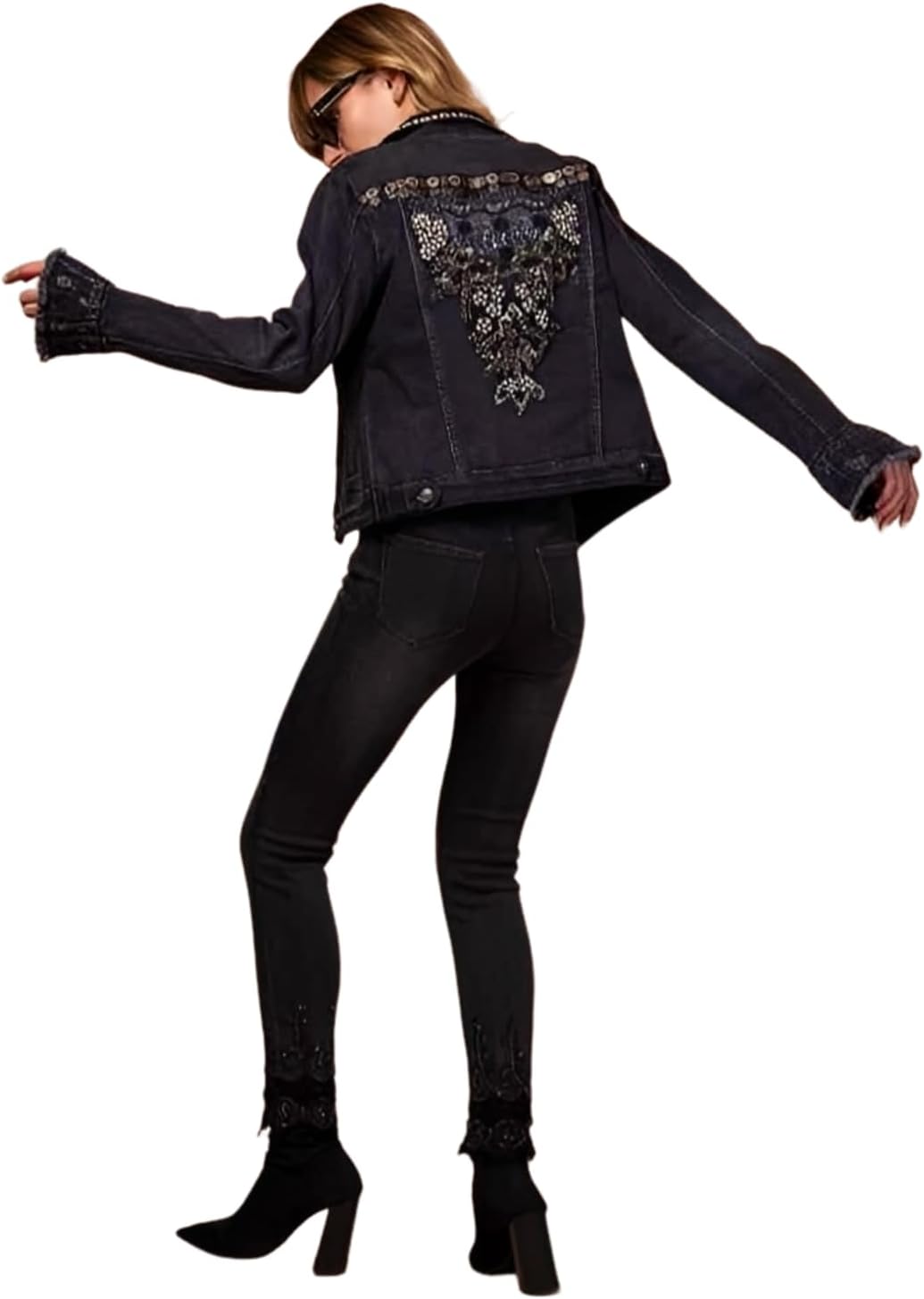 Miro Boho Chic - Barcelona 27 Women's Jacket in Stretch Denim with Lace Appliques and Pearls and Strass Embroidery, Available From S to XXL Women's Double Sided Jacket