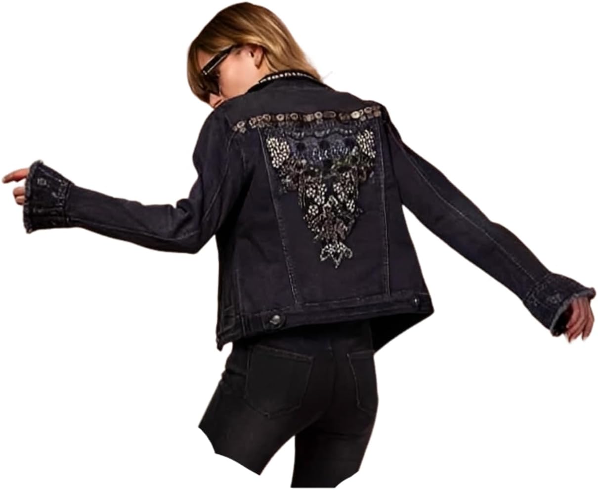 Miro Boho Chic - Barcelona 27 Women's Jacket in Stretch Denim with Lace Appliques and Pearls and Strass Embroidery, Available From S to XXL Women's Double Sided Jacket
