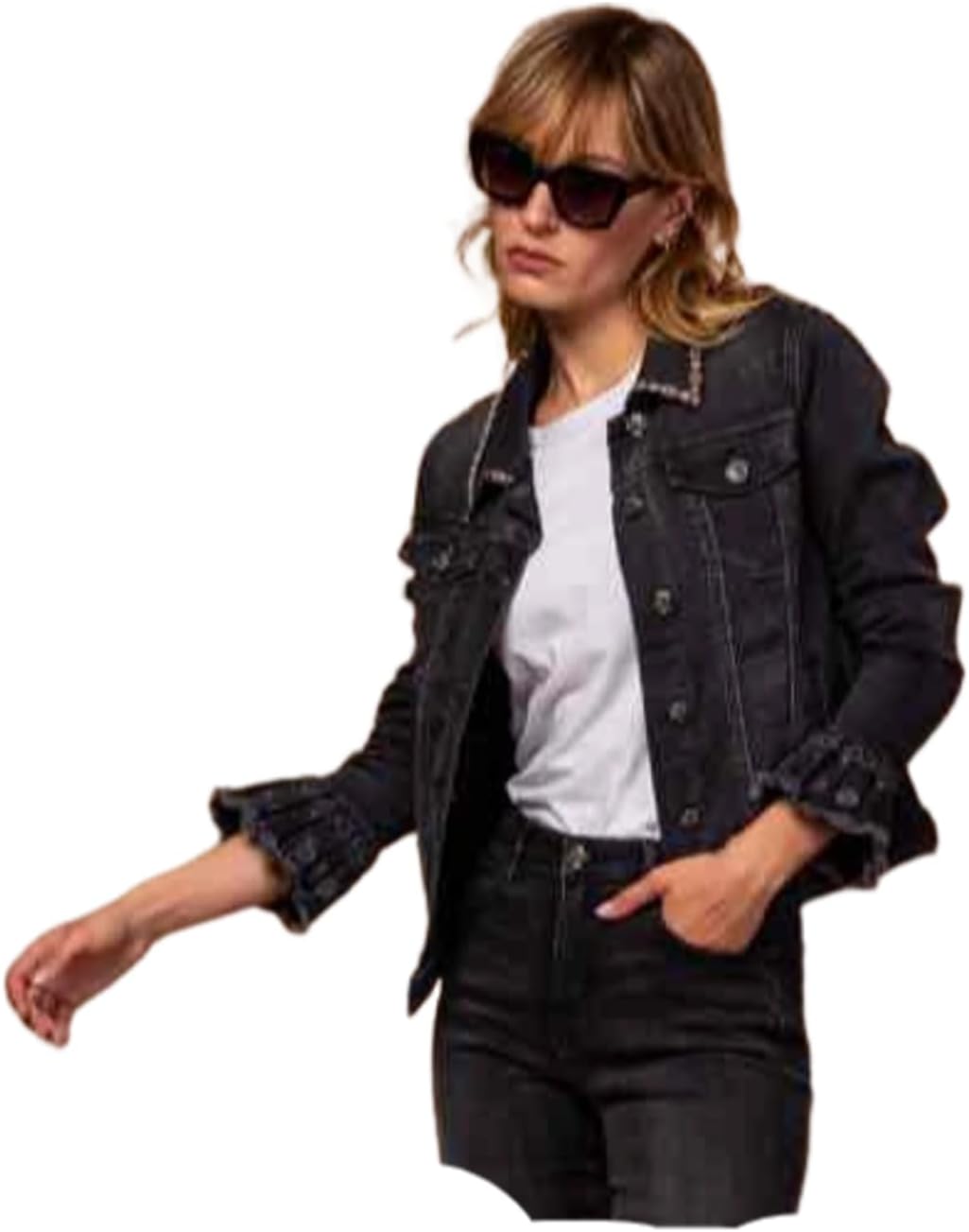 Miro Boho Chic - Barcelona 27 Women's Jacket in Stretch Denim with Lace Appliques and Pearls and Strass Embroidery, Available From S to XXL Women's Double Sided Jacket