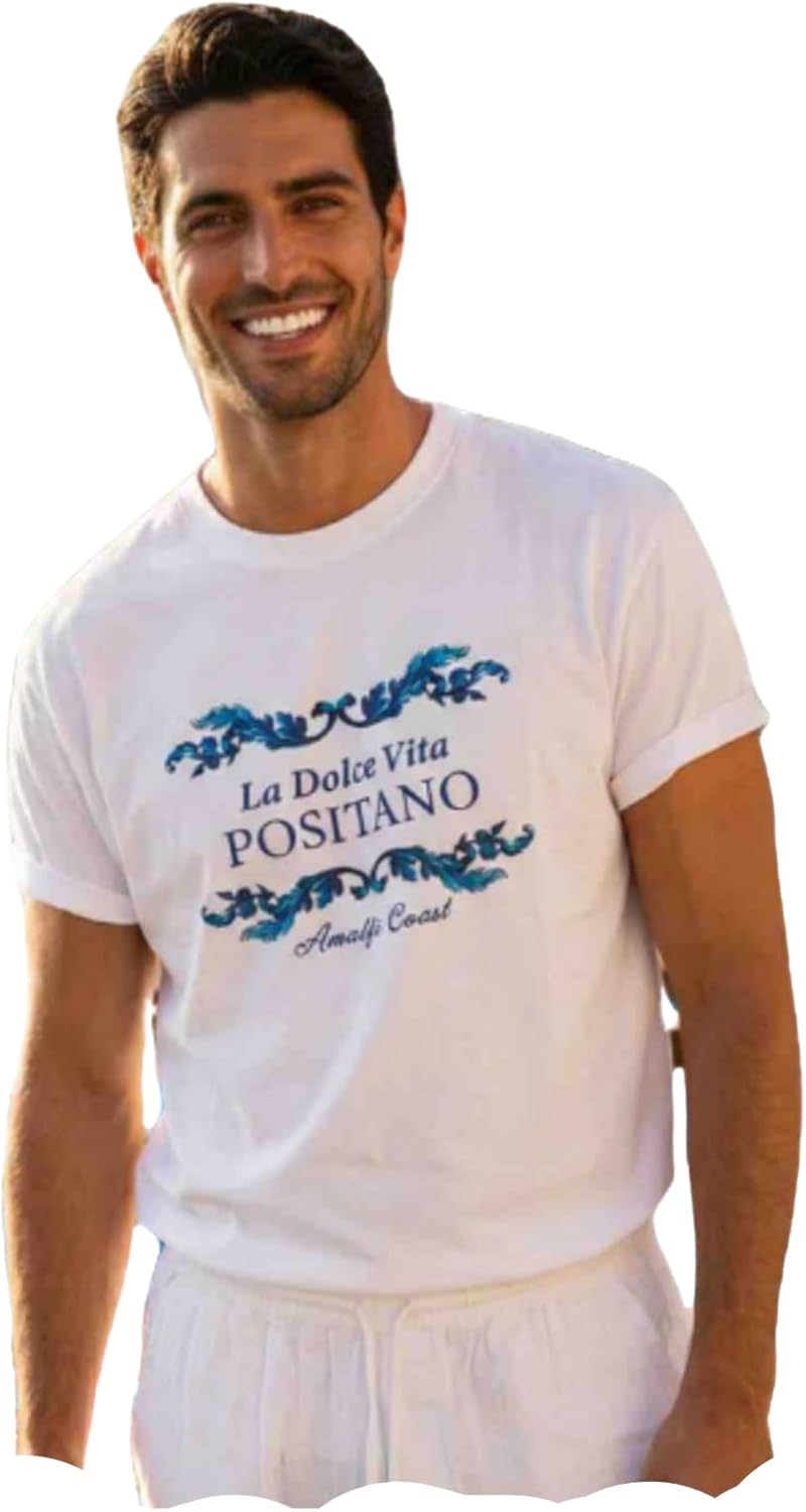 Antica Sartoria by Giacomo Cinque Camiseta Positano, 100% Algodón, Manga Corta, Estilo Italiano Mediterráneo, Unisex, Tallas S a XXL