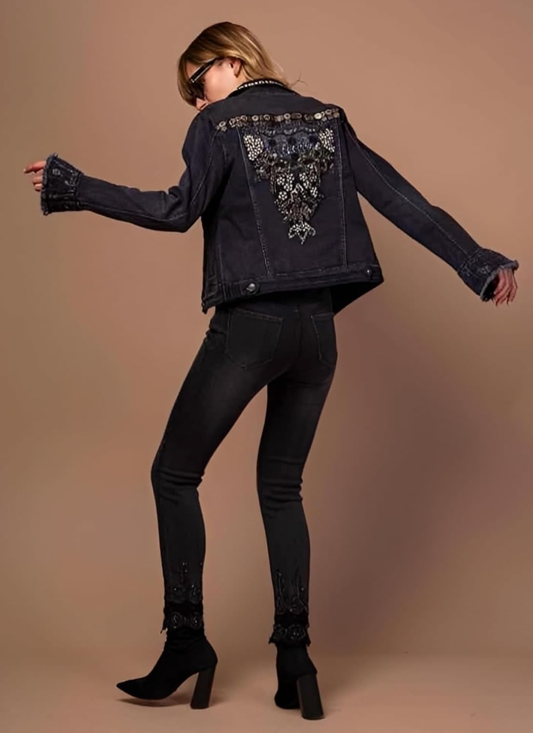 Miro Boho Chic - Barcelona 27 Women's Jacket in Stretch Denim with Lace Appliques and Pearls and Strass Embroidery, Available From S to XXL Women's Double Sided Jacket