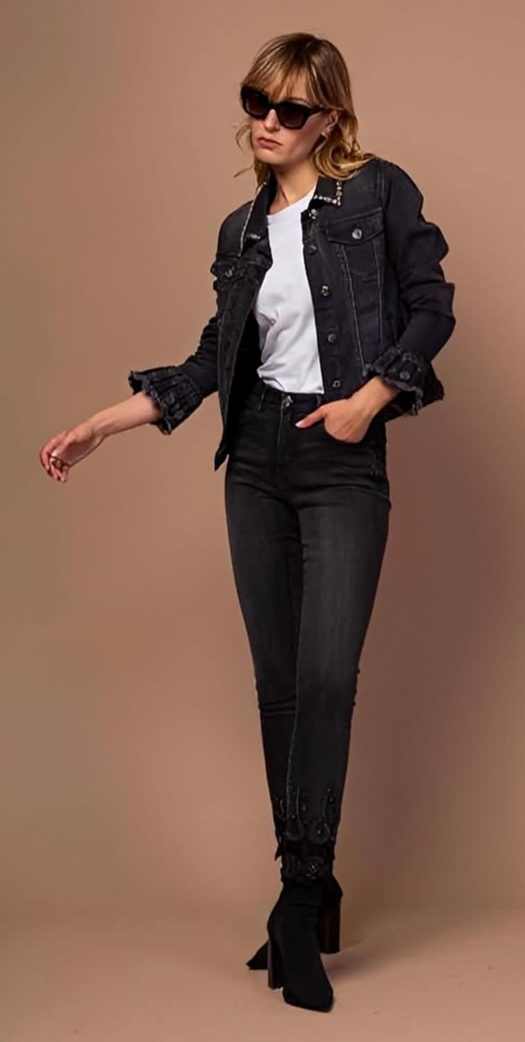Miro Boho Chic - Barcelona 27 Women's Jacket in Stretch Denim with Lace Appliques and Pearls and Strass Embroidery, Available From S to XXL Women's Double Sided Jacket