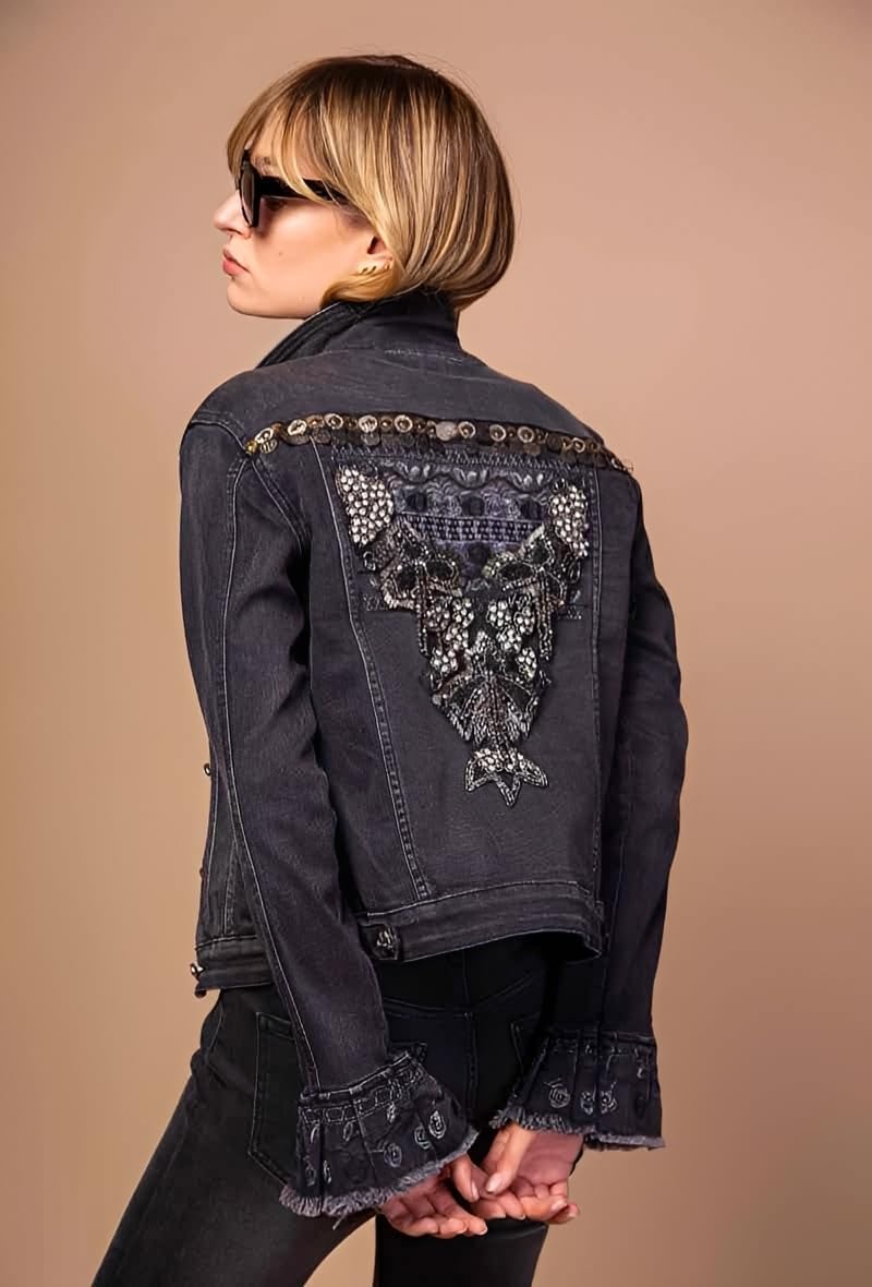 Miro Boho Chic - Barcelona 27 Women's Jacket in Stretch Denim with Lace Appliques and Pearls and Strass Embroidery, Available From S to XXL Women's Double Sided Jacket