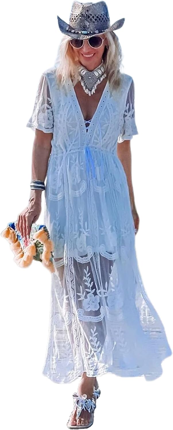 Miro Boho Chic Ibiza Wedding Dresses Boho Chic Lace Dress with Deep V Neckline Short Sleeves Wide Skirt Lined Dress White Dress Women Wedding Dress Boho
