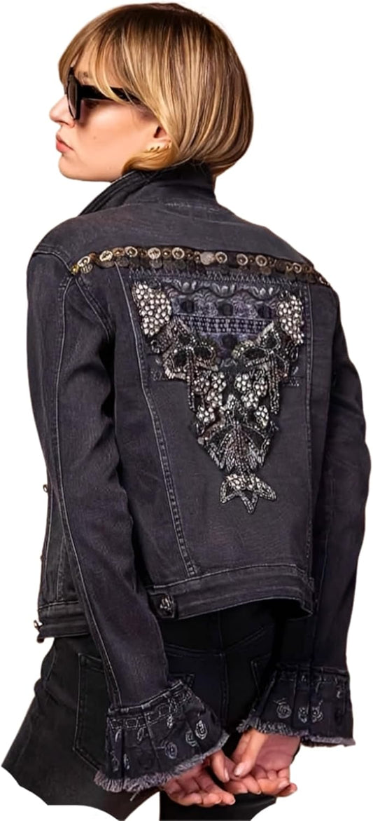 Miro Boho Chic - Barcelona 27 Women's Jacket in Stretch Denim with Lace Appliques and Pearls and Strass Embroidery, Available From S to XXL Women's Double Sided Jacket