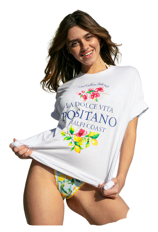 Antica Sartoria by Giacomo Cinque Camiseta Positano, 100% Algodón, Manga Corta, Estilo Italiano Mediterráneo, Unisex, Tallas S a XXL