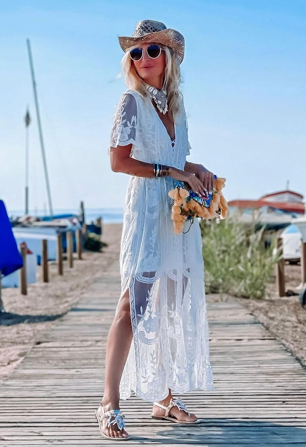 Miro Boho Chic Ibiza Wedding Dresses Boho Chic Lace Dress with Deep V Neckline Short Sleeves Wide Skirt Lined Dress White Dress Women Wedding Dress Boho