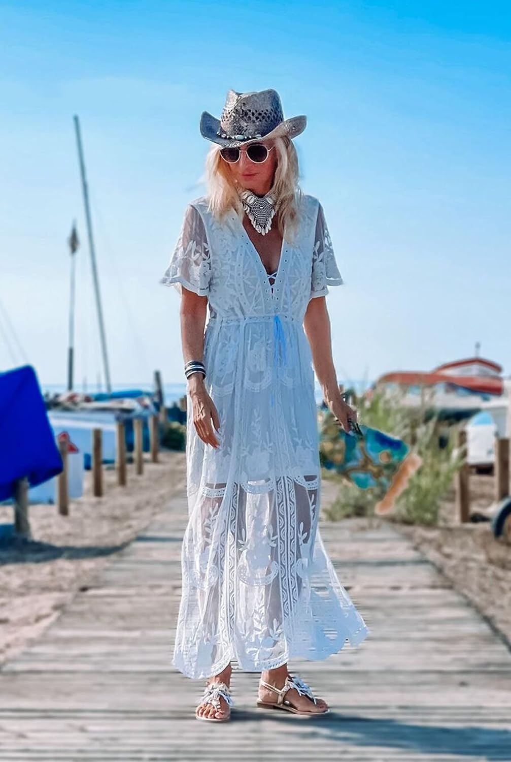 Miro Boho Chic Ibiza Wedding Dresses Boho Chic Lace Dress with Deep V Neckline Short Sleeves Wide Skirt Lined Dress White Dress Women Wedding Dress Boho