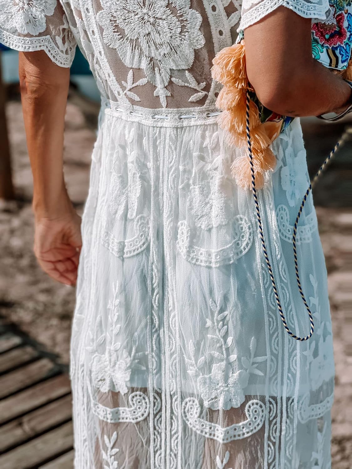 Miro Boho Chic Ibiza Wedding Dresses Boho Chic Lace Dress with Deep V Neckline Short Sleeves Wide Skirt Lined Dress White Dress Women Wedding Dress Boho