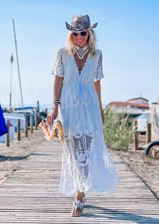 Miro Boho Chic Ibiza Wedding Dresses Boho Chic Lace Dress with Deep V Neckline Short Sleeves Wide Skirt Lined Dress White Dress Women Wedding Dress Boho