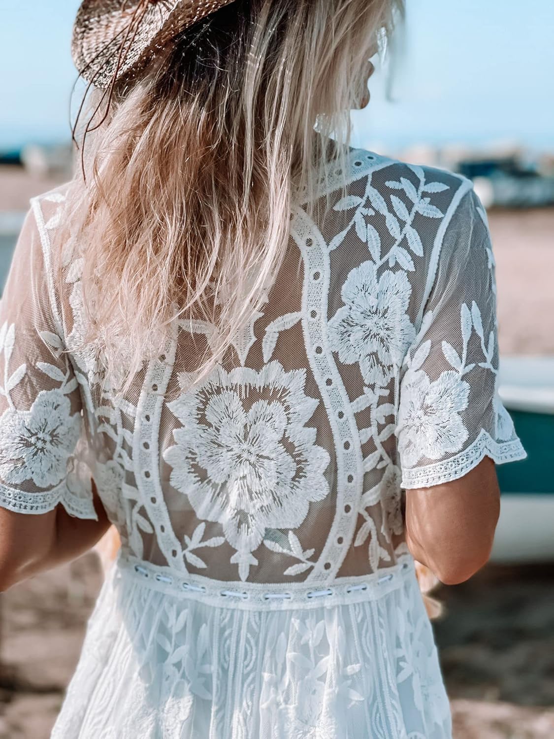 Miro Boho Chic Ibiza Wedding Dresses Boho Chic Lace Dress with Deep V Neckline Short Sleeves Wide Skirt Lined Dress White Dress Women Wedding Dress Boho