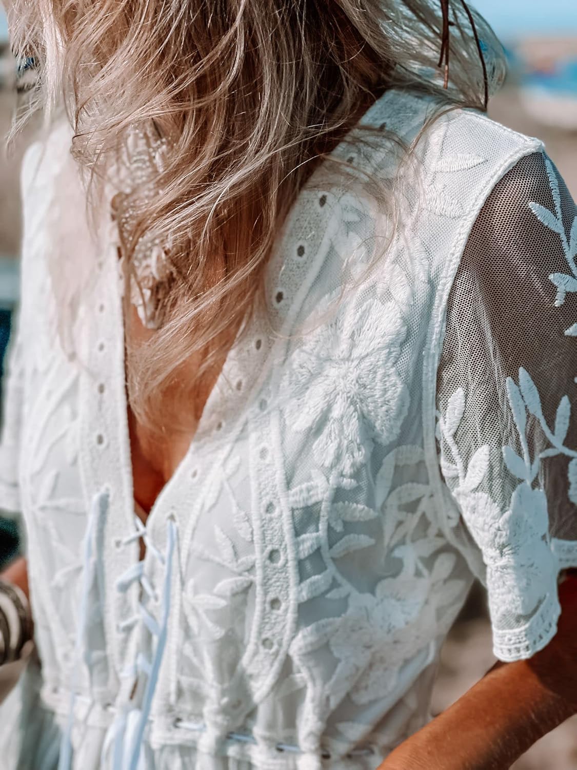Miro Boho Chic Ibiza Wedding Dresses Boho Chic Lace Dress with Deep V Neckline Short Sleeves Wide Skirt Lined Dress White Dress Women Wedding Dress Boho