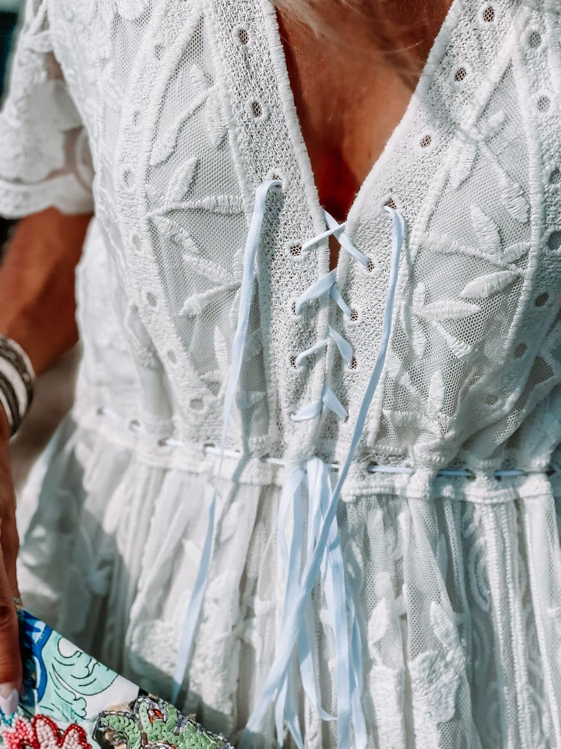 Miro Boho Chic Ibiza Wedding Dresses Boho Chic Lace Dress with Deep V Neckline Short Sleeves Wide Skirt Lined Dress White Dress Women Wedding Dress Boho
