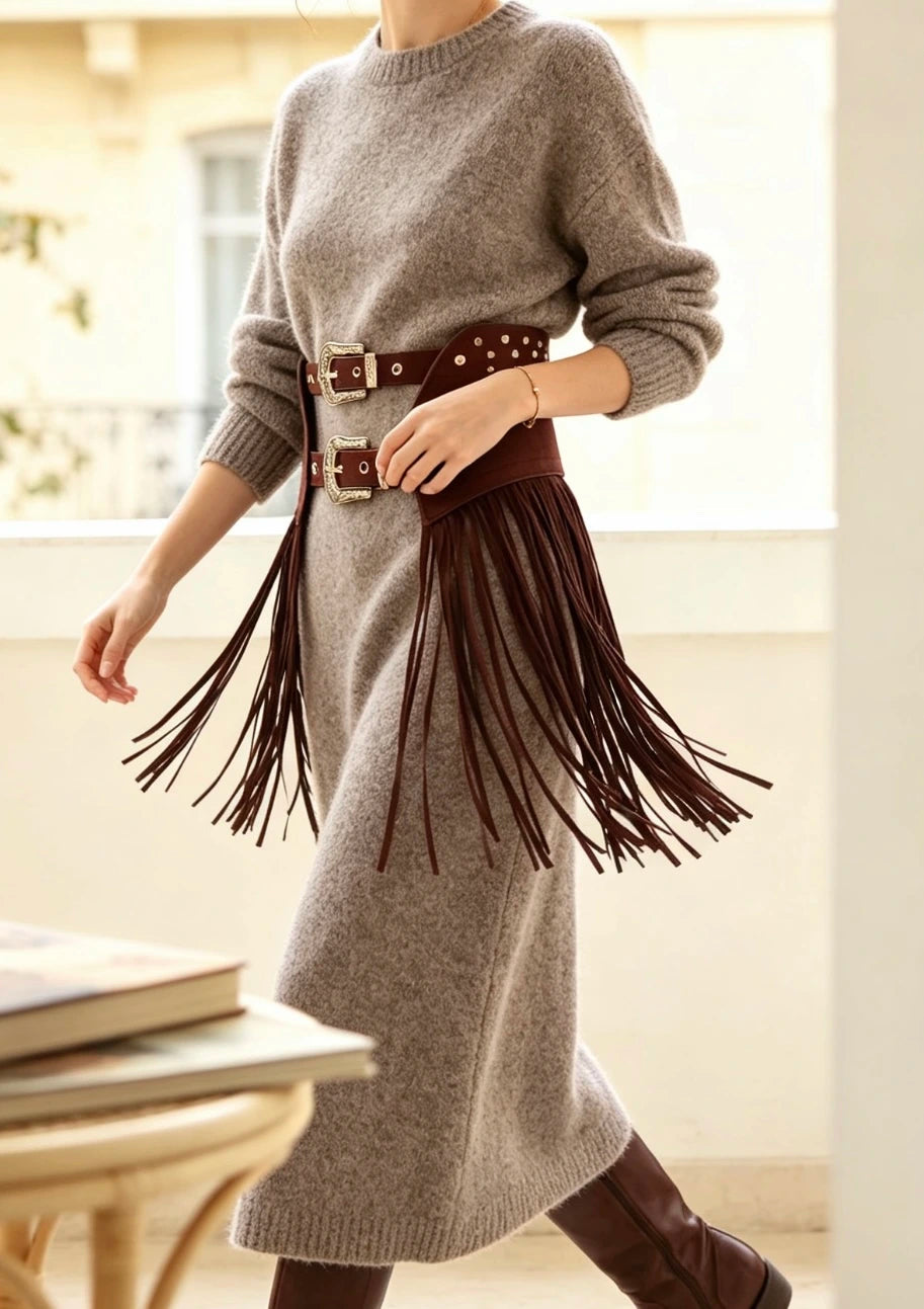 Cinturón boho de flecos con doble hebilla