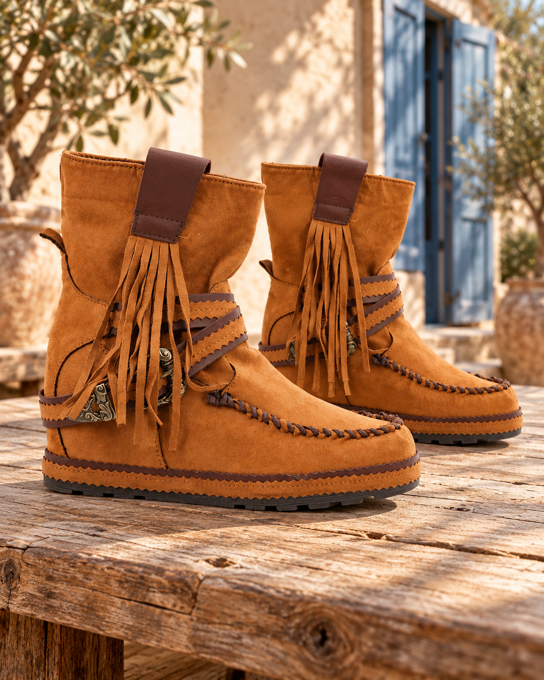 Botas boho de piel con flecos y hebilla · Mulanka, color camel, bodegón del par sobre madera en un patio mediterráneo.