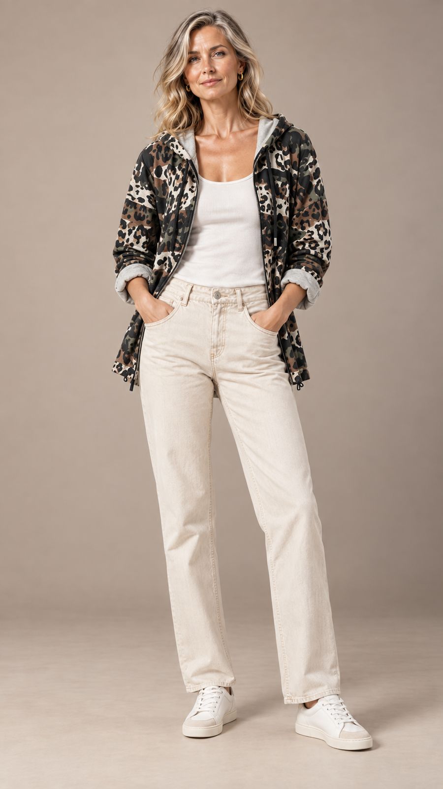 Modelo con chaqueta estampada de camuflaje en tonos caqui, marrón, negro y crema, con capucha y cremallera.