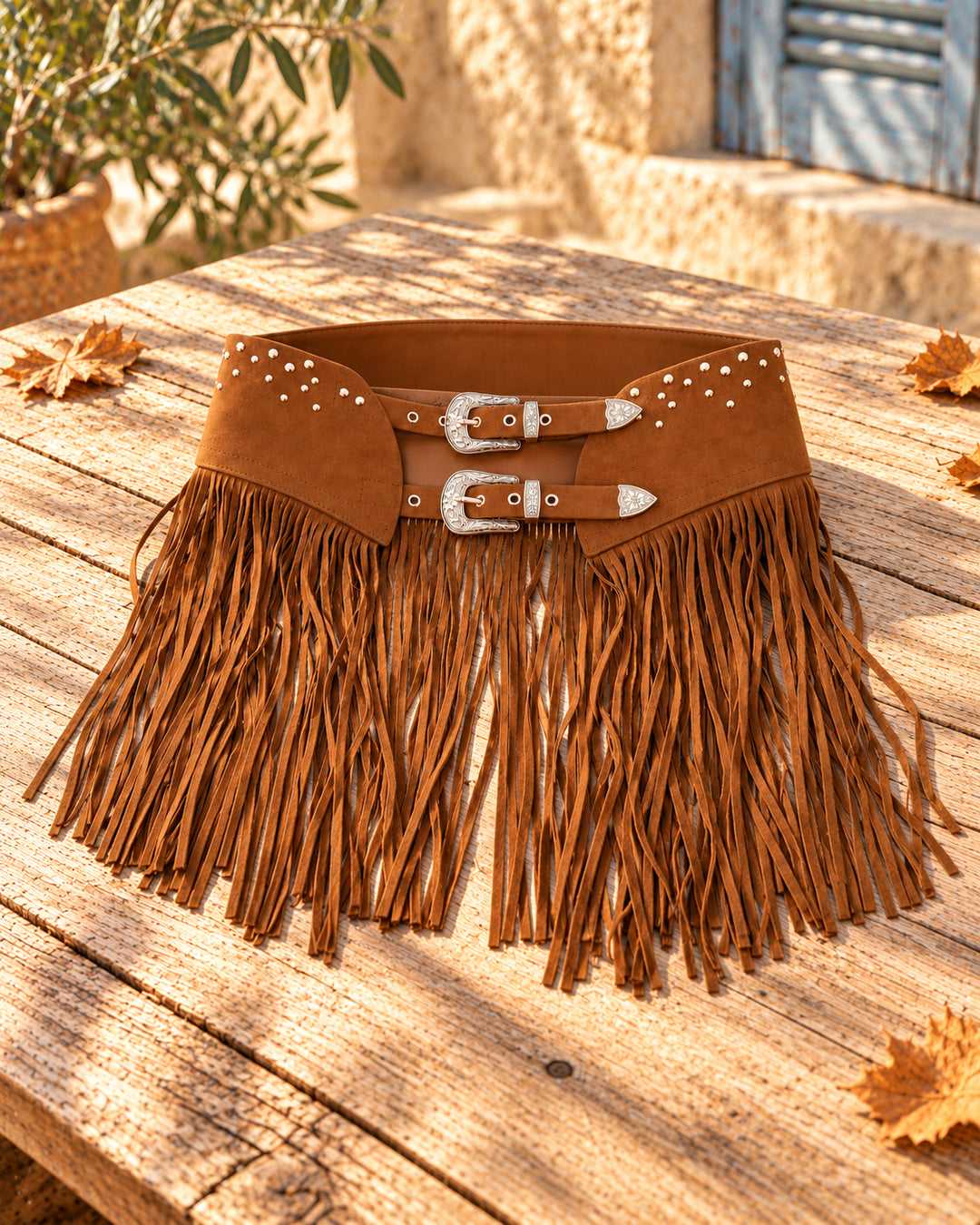 Cinturón boho flecos y doble hebilla · camel, bodegón del producto sobre madera