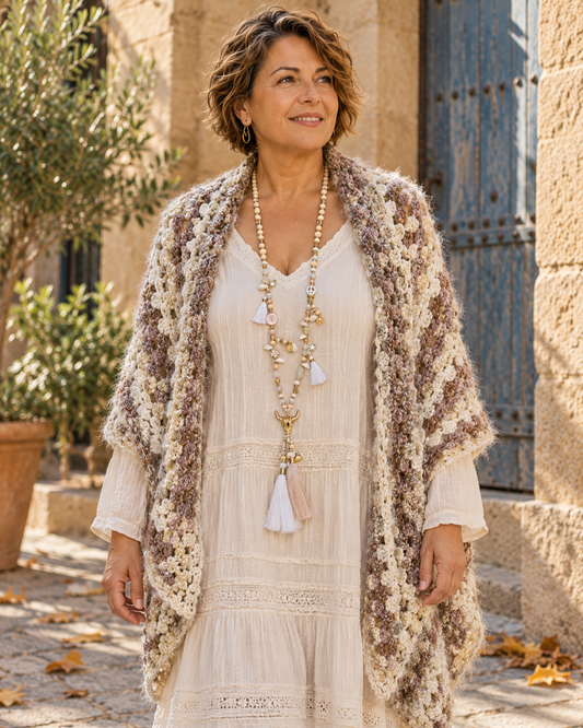 Collar largo boho calavera de toro · blanco y dorado, llevado por una modelo con vestido claro y prenda de crochet