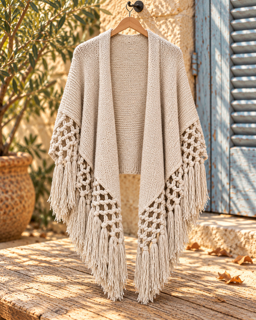 Chal poncho abierto de punto con nudos y flecos en color beige, vista del producto en percha.