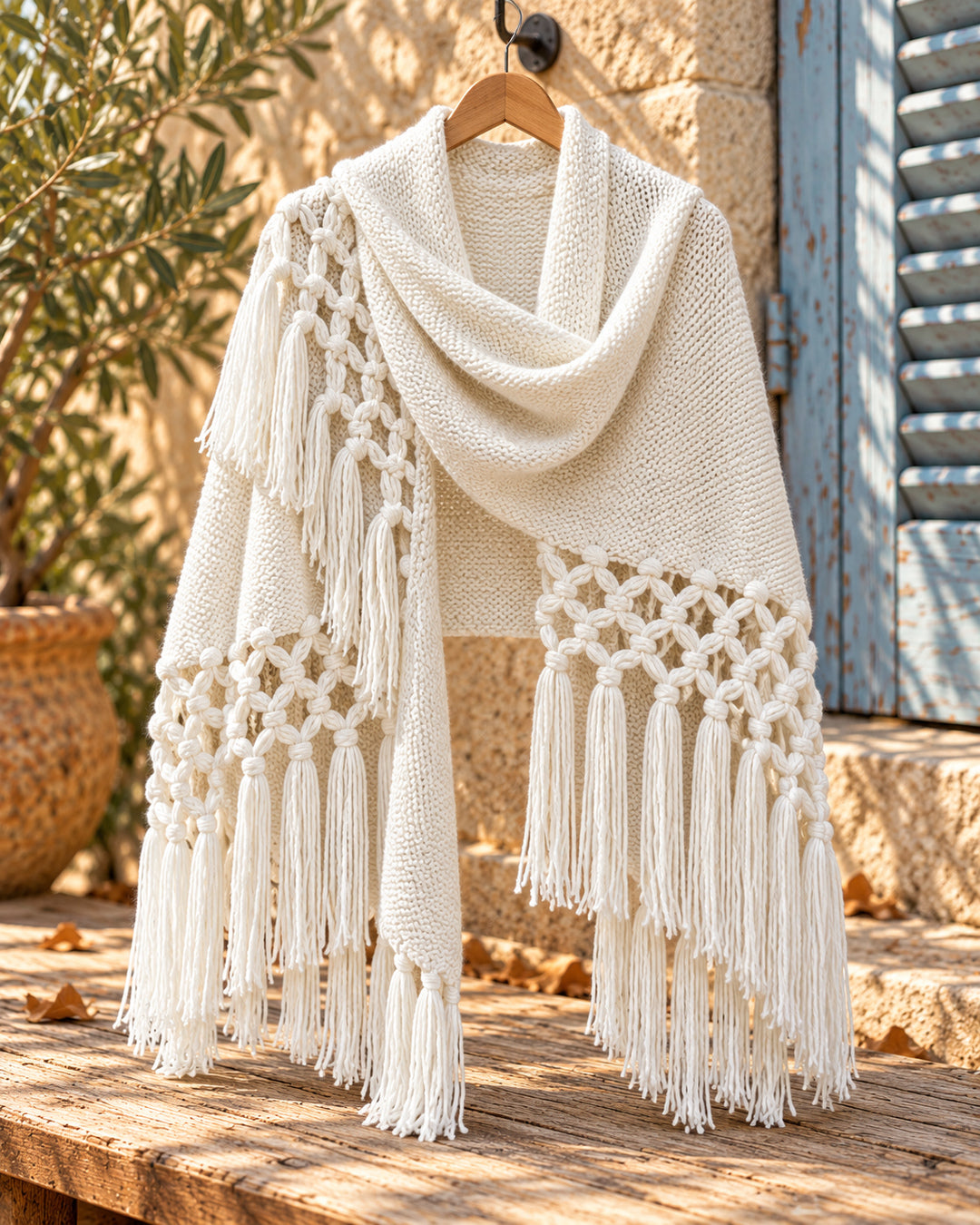 Chal poncho abierto de punto con nudos y flecos en color blanco, vista del producto en percha.