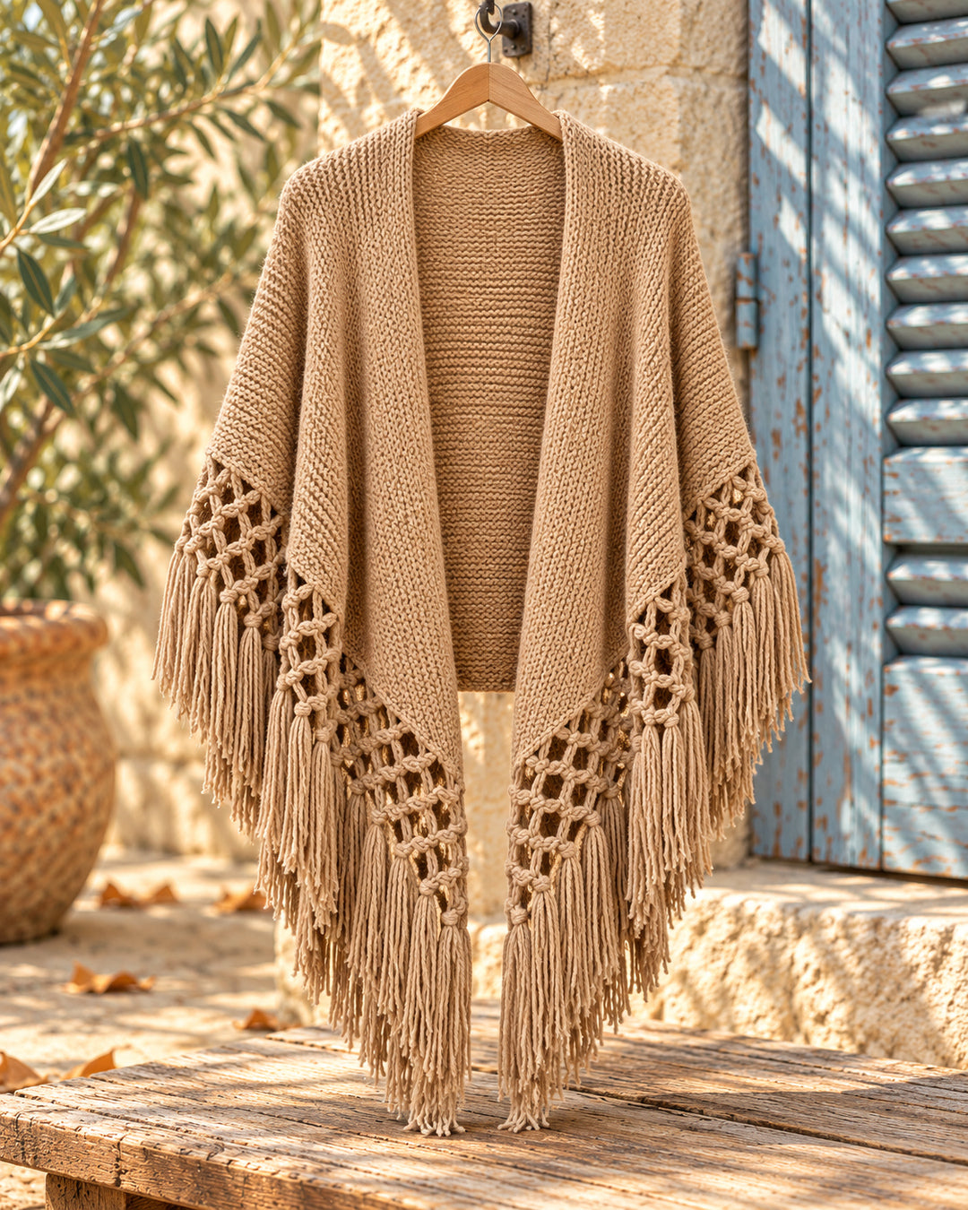 Chal poncho abierto de punto con nudos y flecos en color camel, vista del producto en percha.