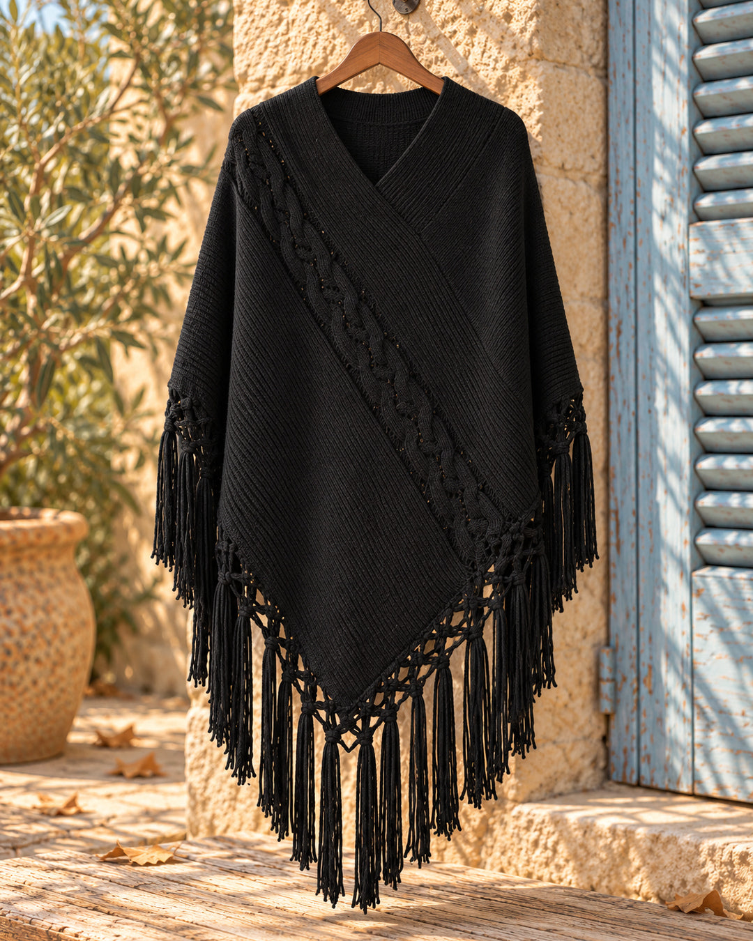 Poncho cerrado de punto con escote en V y flecos en color negro, vista del producto en percha.