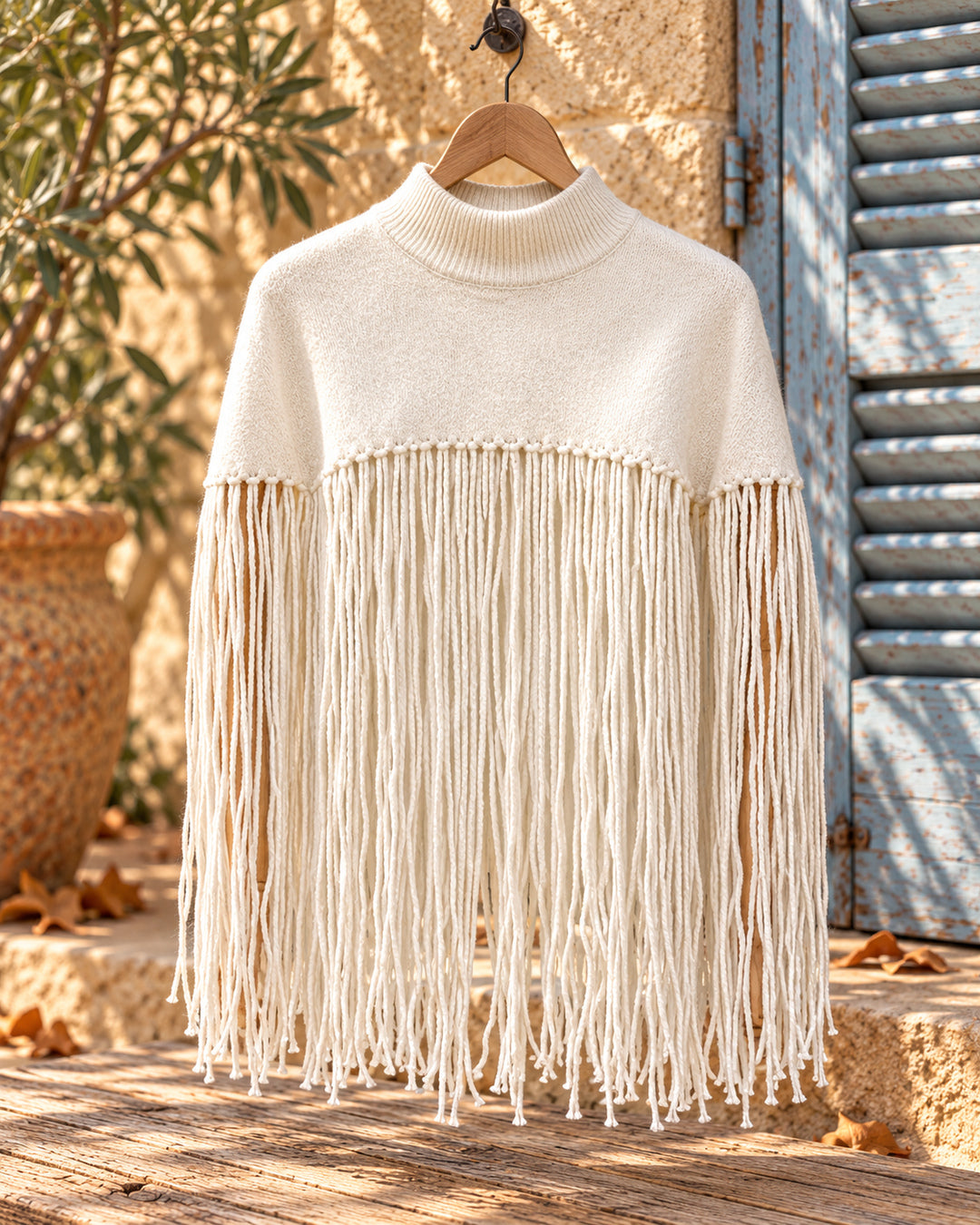 Poncho corto de cuello alto con flecos largos en color blanco, vista del producto en percha.