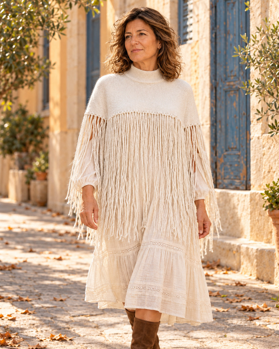 Poncho corto de cuello alto con flecos largos en color blanco, llevado sobre vestido marfil.