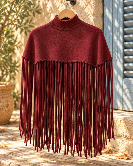 Poncho corto de cuello alto con flecos largos en color burdeos, vista del producto en percha.