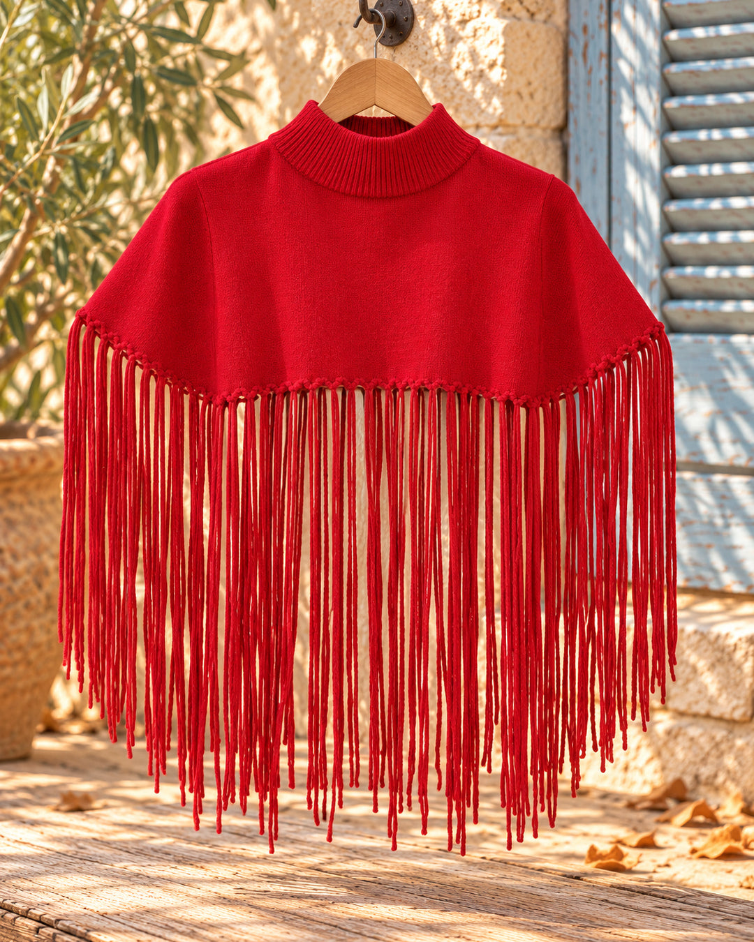 Poncho corto de cuello alto con flecos largos en color rojo, vista del producto en percha.