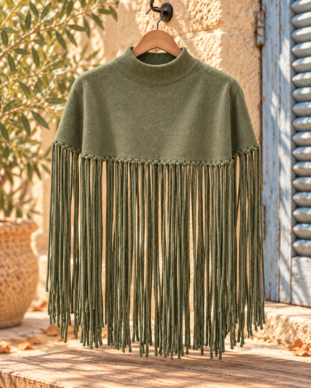Poncho corto de cuello alto con flecos largos en color verde, vista del producto en percha.