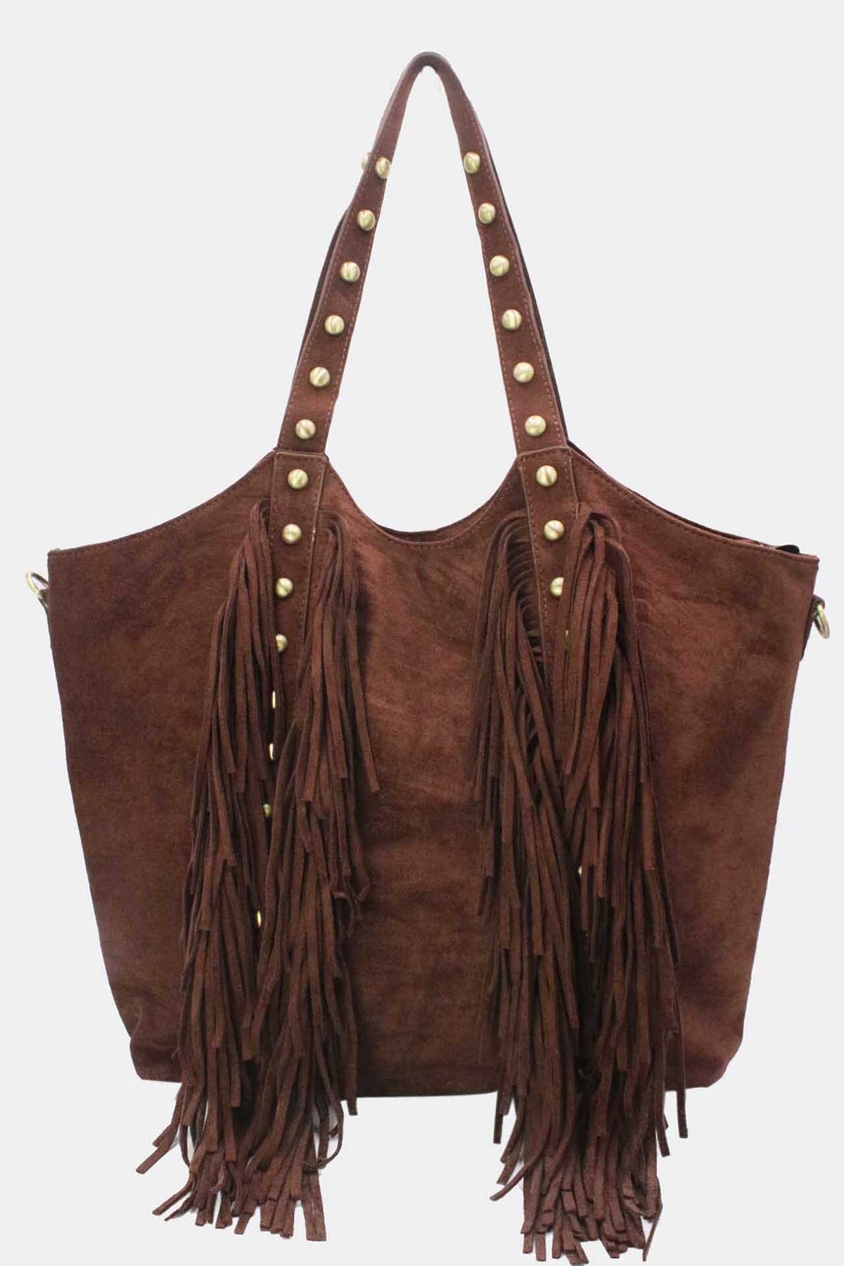 Bolso de hombro de piel con tachas y flecos frontales, color marrón chocolate, vista del producto original.