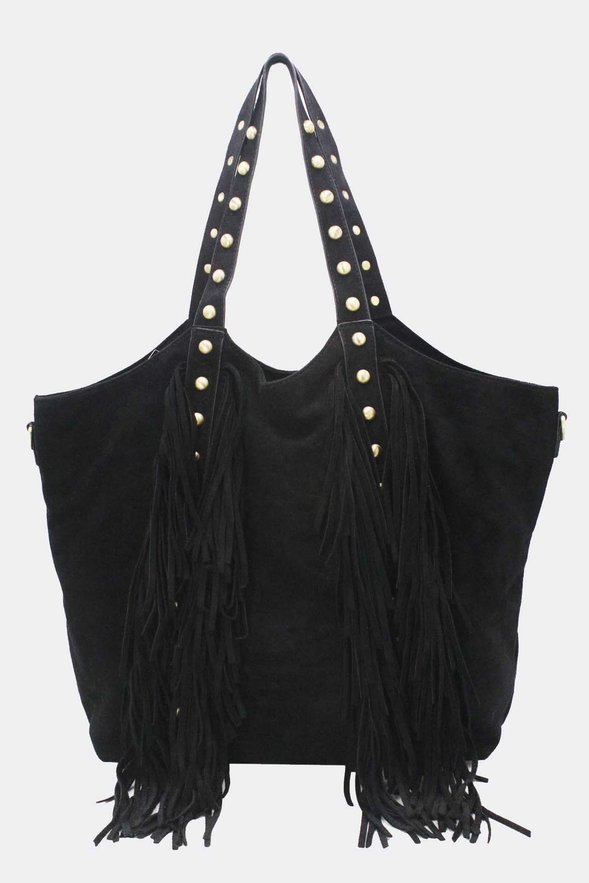 Bolso de hombro de piel con tachas y flecos frontales, color negro, vista del producto original.