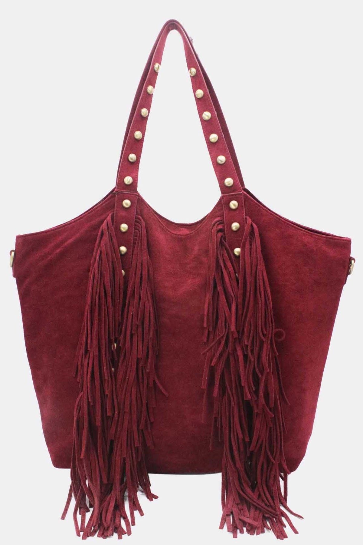 Bolso de hombro de piel con tachas y flecos frontales, color burdeos, vista del producto original.
