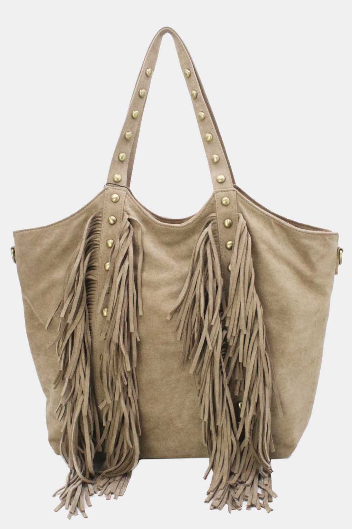 Bolso de hombro de piel con tachas y flecos frontales, color beige, vista del producto original.
