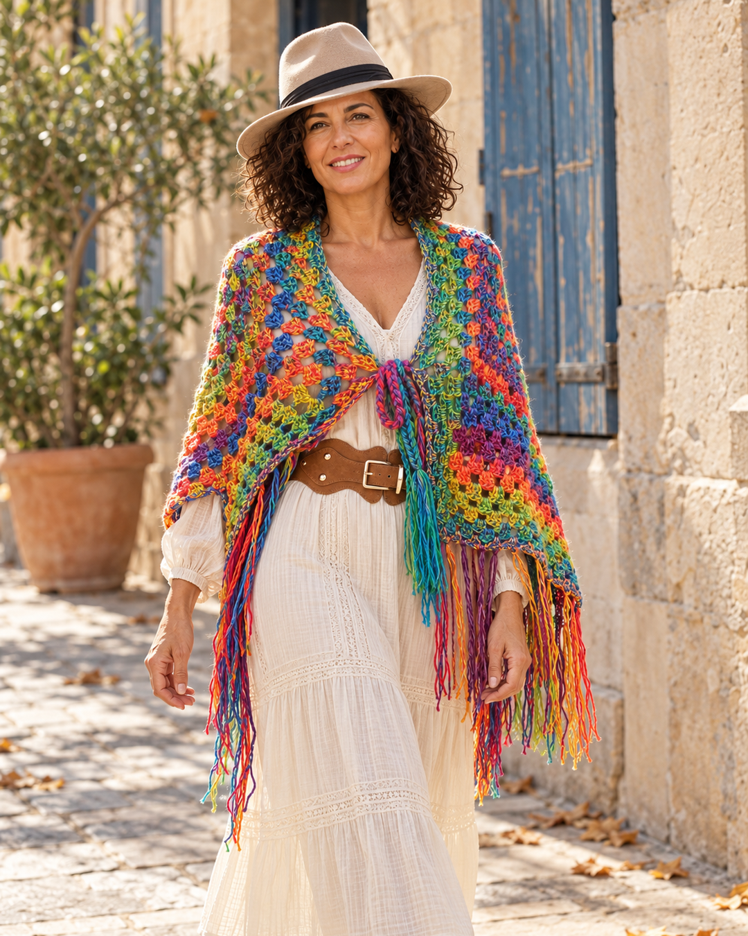 Sombrero fedora boho beige con cinta, llevado por una modelo con un look boho de otoño en Alicante