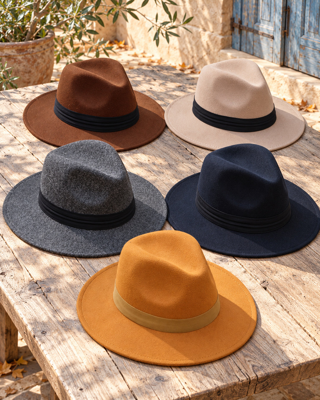 Sombrero fedora boho en marrón, beige, gris, azul oscuro y mostaza