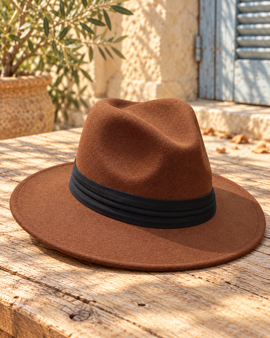 Sombrero fedora boho marrón con cinta, bodegón del producto sobre madera