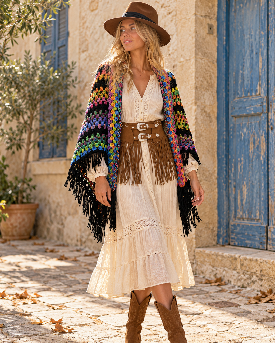 Sombrero fedora boho marrón con cinta, llevado por una modelo con un look boho de otoño en Alicante